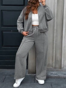 Easura 2pcs Plus Size Casual Baggy Zip-Front Top And Drawstring Pants Set Autumn Cloth For Women Vacation Grey Formal Vacation Fall Formal Vacation - Dark Grey - View 11