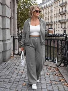 Easura 2pcs Plus Size Casual Baggy Zip-Front Top And Drawstring Pants Set Autumn Cloth For Women Vacation Grey Formal Vacation Fall Formal Vacation - Dark Grey - View 3