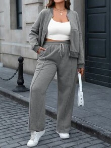 Easura 2pcs Plus Size Casual Baggy Zip-Front Top And Drawstring Pants Set Autumn Cloth For Women Vacation Grey Formal Vacation Fall Formal Vacation - Dark Grey - View 13