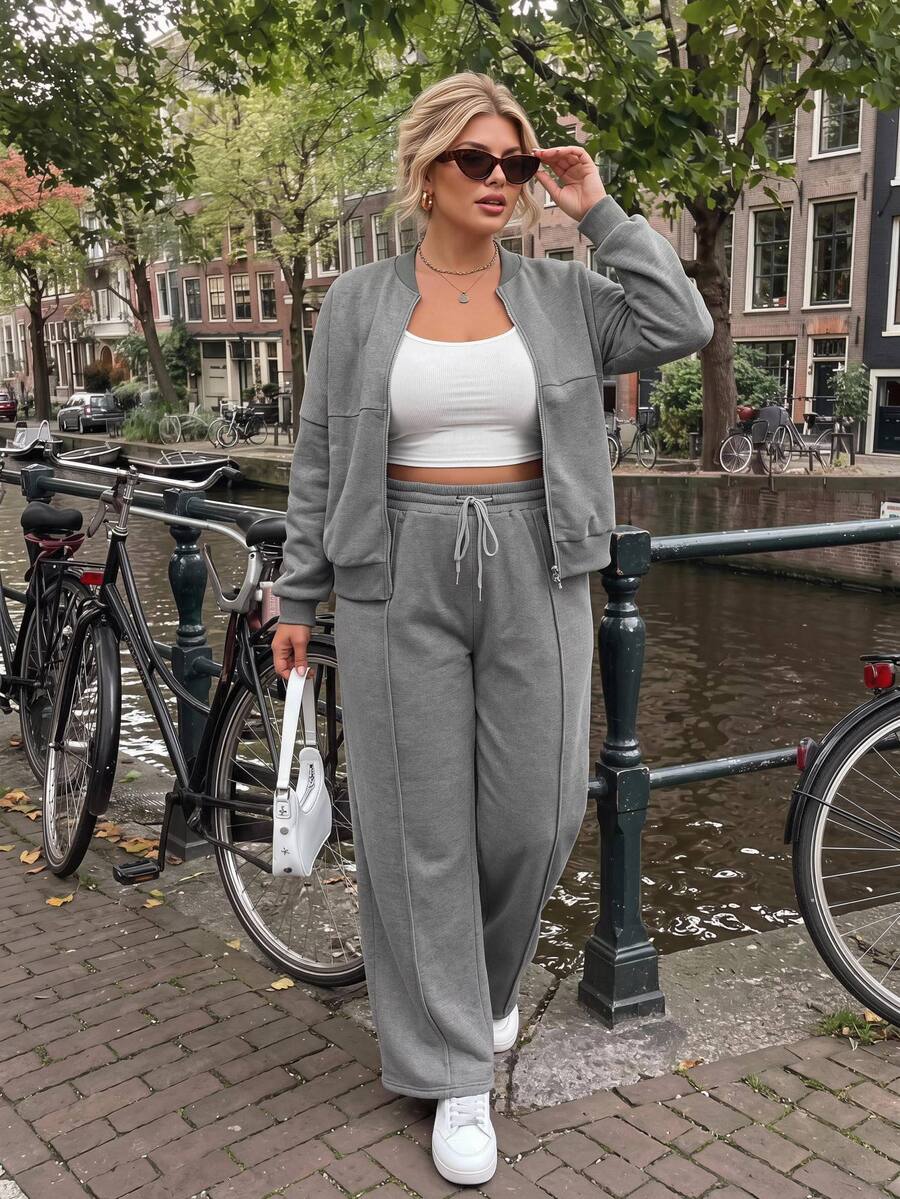 Easura 2pcs Plus Size Casual Baggy Zip-Front Top And Drawstring Pants Set Autumn Cloth For Women Vacation Grey Formal Vacation Fall Formal Vacation - Dark Grey - View 1
