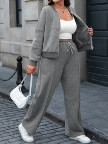 Easura 2pcs Plus Size Casual Baggy Zip-Front Top And Drawstring Pants Set Autumn Cloth For Women Vacation Grey Formal Vacation Fall Formal Vacation - Dark Grey - View 9