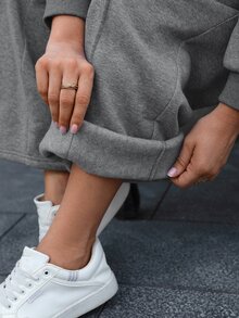 Easura 2pcs Plus Size Casual Baggy Zip-Front Top And Drawstring Pants Set Autumn Cloth For Women Vacation Grey Formal Vacation Fall Formal Vacation - Dark Grey - View 6