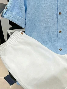 SHEIN Teen Boy Casual Textured Wave Stripe Short Sleeve Shirt And Shorts Set, Spring/Summer - Blue - View 3