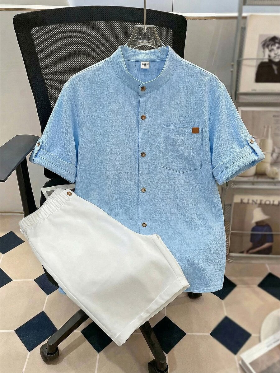 SHEIN Teen Boy Casual Textured Wave Stripe Short Sleeve Shirt And Shorts Set, Spring/Summer - Blue - View 1