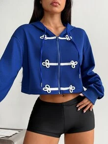 Dewbera Dewbera Klein Blue New Chinese Style Frog Button Short Hooded Jacket Women Spring Autumn Slimming High Waist Zipper Sweatshirt - Navy Blue - View 5