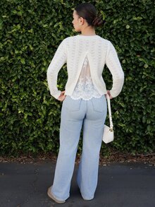 Andrea Bello Women's Elegant Back Mesh Lace Patchwork Hollow Knit Sweater - White - View 5