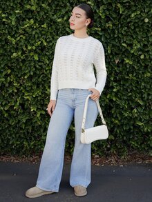 Andrea Bello Women's Elegant Back Mesh Lace Patchwork Hollow Knit Sweater - White - View 3