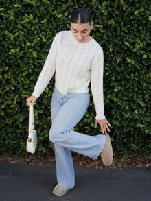 Andrea Bello Women's Elegant Back Mesh Lace Patchwork Hollow Knit Sweater - White - View 2