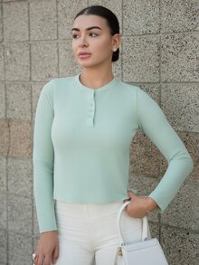 Andrea Bello Women's White Solid Color Loose Drop Shoulder Casual Minimalist Round Neck Short Sleeve T-Shirt Fall Long Sleeve Tops - Mint Green - View 1