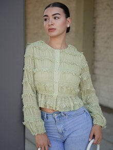 Andrea Bello Women's Solid Color Textured Fashion Long Sleeve Shirt Elegant - Green - View 1