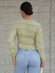 Andrea Bello Women's Solid Color Textured Fashion Long Sleeve Shirt Elegant - Green - View 2