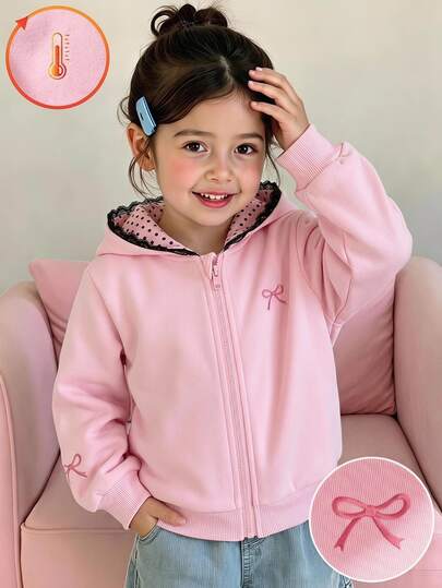 SHEIN Genkimix Kids Young Girl Bow Graphic Polka Dot Lined Thermal Fleece Zip Up Hooded Sweatshirt Fall Winter