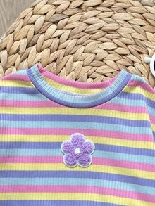 SHEIN 女童嬰兒休閒可愛針織條紋卡通衛衣＋彈性腰特殊印花休閒長褲 2件套 粉色條紋淺藍色 - 彩色 - 查看 4