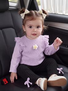 SHEIN Baby Girl 2 Pieces Korean Version Textured Set With 3D Floral Long-Sleeved Flared Black Knit Pants For Spring And Autumn Seasons Fall 2nd Birthday - Purple - View 2
