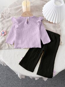 SHEIN Baby Girl 2 Pieces Korean Version Textured Set With 3D Floral Long-Sleeved Flared Black Knit Pants For Spring And Autumn Seasons Fall 2nd Birthday - Purple - View 3
