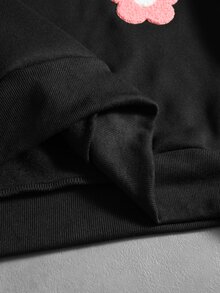 ROMWE MEN 男士花卉毛巾刺繡寬鬆連帽衫 - 黑色 - 查看 5