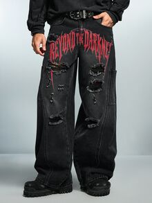 ROMWE MEN New American Street Style Orange-Red Cross Print Wide Leg Jeans, Unisex Black & Grey Distressed Patchwork Ripped Cargo Pants With Multiple Pockets, Baggy Oversized Floor-Length - Black - View 8