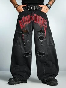 ROMWE MEN New American Street Style Orange-Red Cross Print Wide Leg Jeans, Unisex Black & Grey Distressed Patchwork Ripped Cargo Pants With Multiple Pockets, Baggy Oversized Floor-Length - Black - View 5