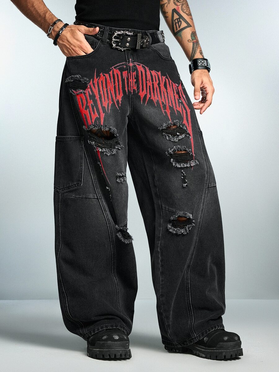ROMWE MEN New American Street Style Orange-Red Cross Print Wide Leg Jeans, Unisex Black & Grey Distressed Patchwork Ripped Cargo Pants With Multiple Pockets, Baggy Oversized Floor-Length - Black - View 1