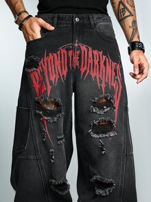 ROMWE MEN New American Street Style Orange-Red Cross Print Wide Leg Jeans, Unisex Black & Grey Distressed Patchwork Ripped Cargo Pants With Multiple Pockets, Baggy Oversized Floor-Length - Black - View 7