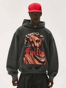 Baseblock Men's Vintage Graphic Print Hoodie, Black Distressed Gothic Style Pullover Sweatshirt, Casual Streetwear Long Sleeve Top, Suitable For Spring/Summer Daily Outings, Concerts And Festivals - Black - View 5