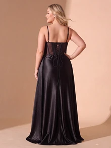 Cravure Plus Size Women Leaf Print Slit Design Sexy Party Spaghetti Strap Dress Christmas - Black - View 3