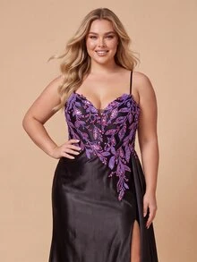 Cravure Plus Size Women Leaf Print Slit Design Sexy Party Spaghetti Strap Dress Christmas - Black - View 7
