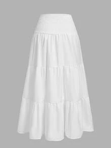 SHEIN Tall CURVE CURVE 大尺碼女款高個子白色秋季波希米亞鄉村風度假假日長裙 高腰荷葉邊裙襬 優雅派對沙灘正式休閒裙 - 白色 - 查看 3