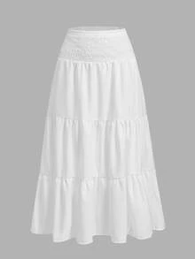 SHEIN Tall CURVE CURVE 大尺碼女款高個子白色秋季波希米亞鄉村風度假假日長裙 高腰荷葉邊裙襬 優雅派對沙灘正式休閒裙 - 白色 - 查看 4