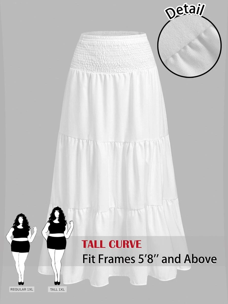 SHEIN Tall CURVE CURVE 大尺碼女款高個子白色秋季波希米亞鄉村風度假假日長裙 高腰荷葉邊裙襬 優雅派對沙灘正式休閒裙