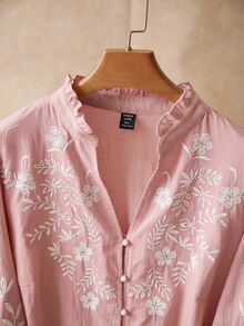 Elaquor Plus Size Women's Floral Embroidered Long Sleeve Single-Breasted Casual Boho Bohemian Elegant Shirt Fall Party Evening Pink - Pink - View 4
