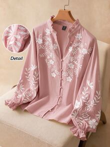 Elaquor Plus Size Women's Floral Embroidered Long Sleeve Single-Breasted Casual Boho Bohemian Elegant Shirt Fall Party Evening Pink - Pink - View 8