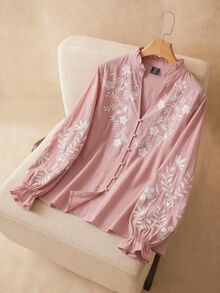 Elaquor Plus Size Women's Floral Embroidered Long Sleeve Single-Breasted Casual Boho Bohemian Elegant Shirt Fall Party Evening Pink - Pink - View 5