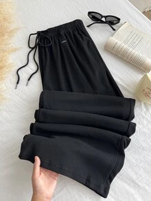 SHEIN EZwear Plus Size Black Fleece Warm Soft Casual Soft Drawstring Loose Pants Autumn Gym Formal - Black - View 8