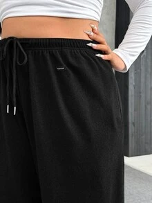 SHEIN EZwear Plus Size Black Fleece Warm Soft Casual Soft Drawstring Loose Pants Autumn Gym Formal - Black - View 7