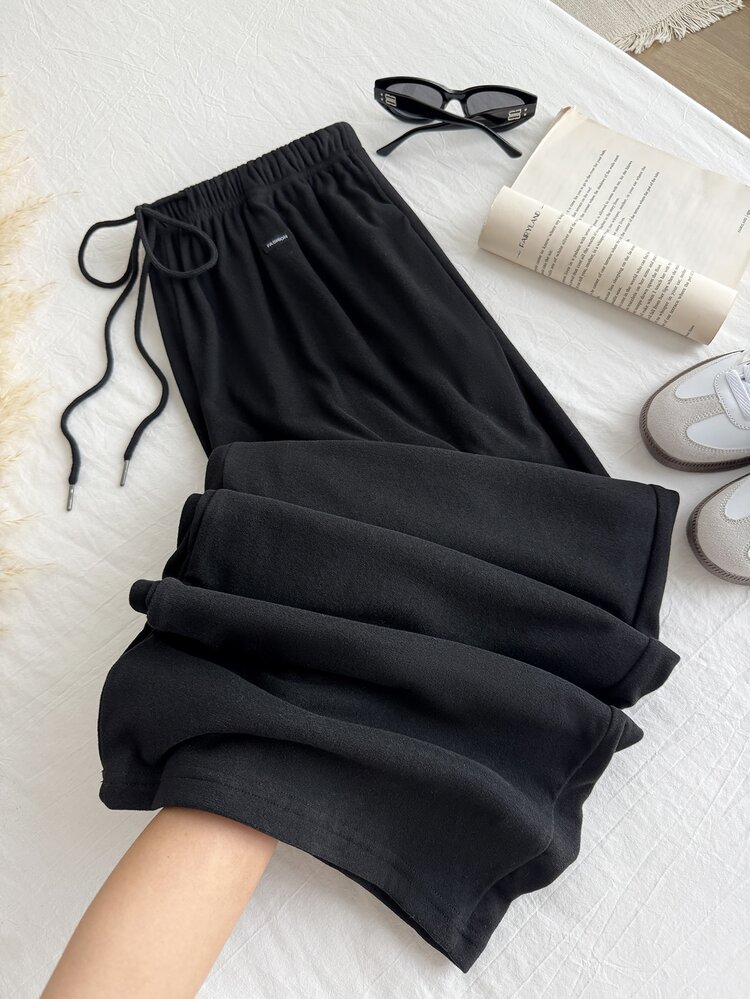 SHEIN EZwear Plus Size Black Fleece Warm Soft Casual Soft Drawstring Loose Pants Autumn Gym Formal - Black - View 9