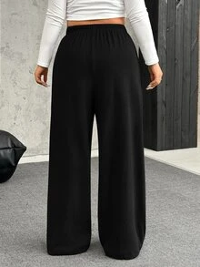 SHEIN EZwear Plus Size Black Fleece Warm Soft Casual Soft Drawstring Loose Pants Autumn Gym Formal - Black - View 3