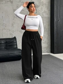 SHEIN EZwear Plus Size Black Fleece Warm Soft Casual Soft Drawstring Loose Pants Autumn Gym Formal - Black - View 5