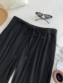 SHEIN EZwear Plus Size Black Fleece Warm Soft Casual Soft Drawstring Loose Pants Autumn Gym Formal - Black - View 12