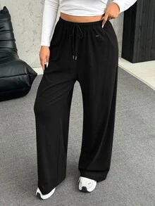 SHEIN EZwear Plus Size Black Fleece Warm Soft Casual Soft Drawstring Loose Pants Autumn Gym Formal - Black - View 6