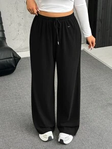 SHEIN EZwear Plus Size Black Fleece Warm Soft Casual Soft Drawstring Loose Pants Autumn Gym Formal - Black - View 2