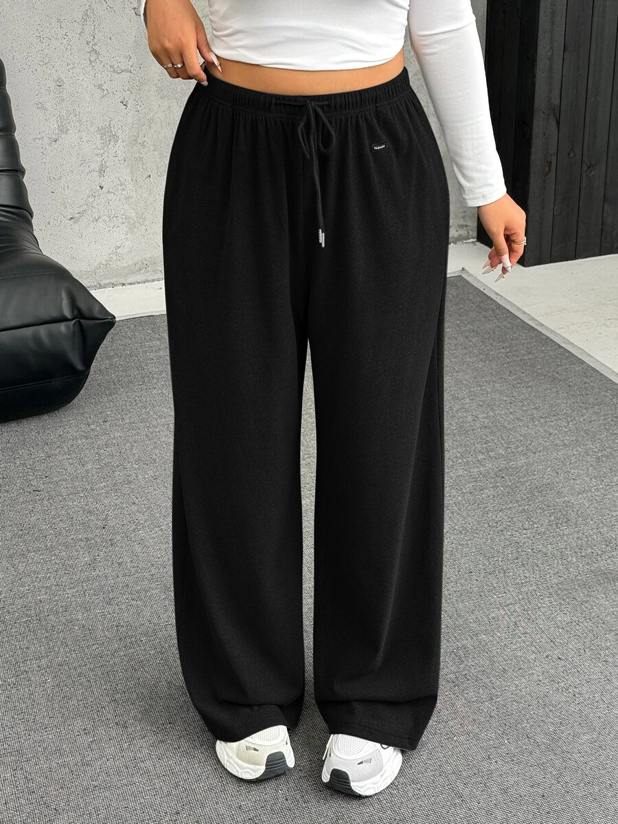 SHEIN EZwear Plus Size Black Fleece Warm Soft Casual Soft Drawstring Loose Pants Autumn Gym Formal