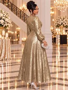 Fleurora Plus Size Round Neck Long Sleeve Lantern Sleeve High Waist Dress Fall New Year Wedding Evening Formal Elegant Champagne Christmas - Gold - View 2