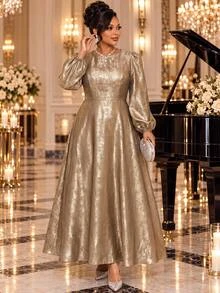 Fleurora Plus Size Round Neck Long Sleeve Lantern Sleeve High Waist Dress Fall New Year Wedding Evening Formal Elegant Champagne Christmas - Gold - View 3