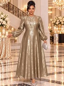 Fleurora Plus Size Round Neck Long Sleeve Lantern Sleeve High Waist Dress Fall New Year Wedding Evening Formal Elegant Champagne Christmas - Gold - View 6