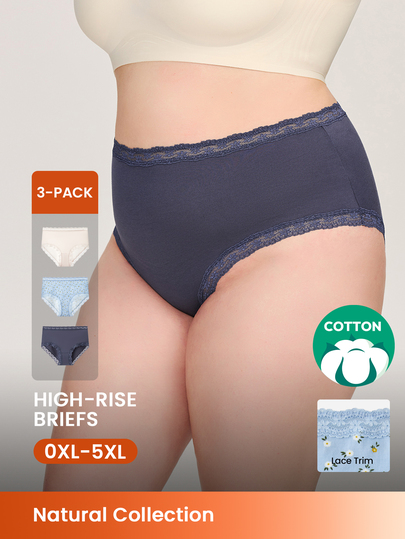 LUVLETTE Plus 3-Pack Celana Dalam Wanita Model Pinggang Tinggi Katun dengan Hiasan Renda - Motif Bunga dengan Hiasan Renda