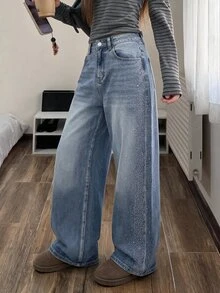 SHEIN Tall 女款高腰寬腿淺藍色牛仔褲，適合外出、夜生活、秋季街頭休閒穿搭 - 藍色 - 查看 3