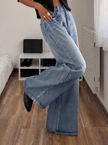 SHEIN Tall 女款高腰寬腿淺藍色牛仔褲，適合外出、夜生活、秋季街頭休閒穿搭 - 藍色 - 查看 6