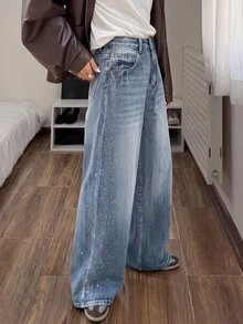 SHEIN Tall 女款高腰寬腿淺藍色牛仔褲，適合外出、夜生活、秋季街頭休閒穿搭 - 藍色 - 查看 10