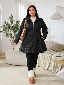 Solflare Plus Size Pocket Zipper Solid Color Padded Coat Winter,Fall,Casual,Going Out - Black - View 6